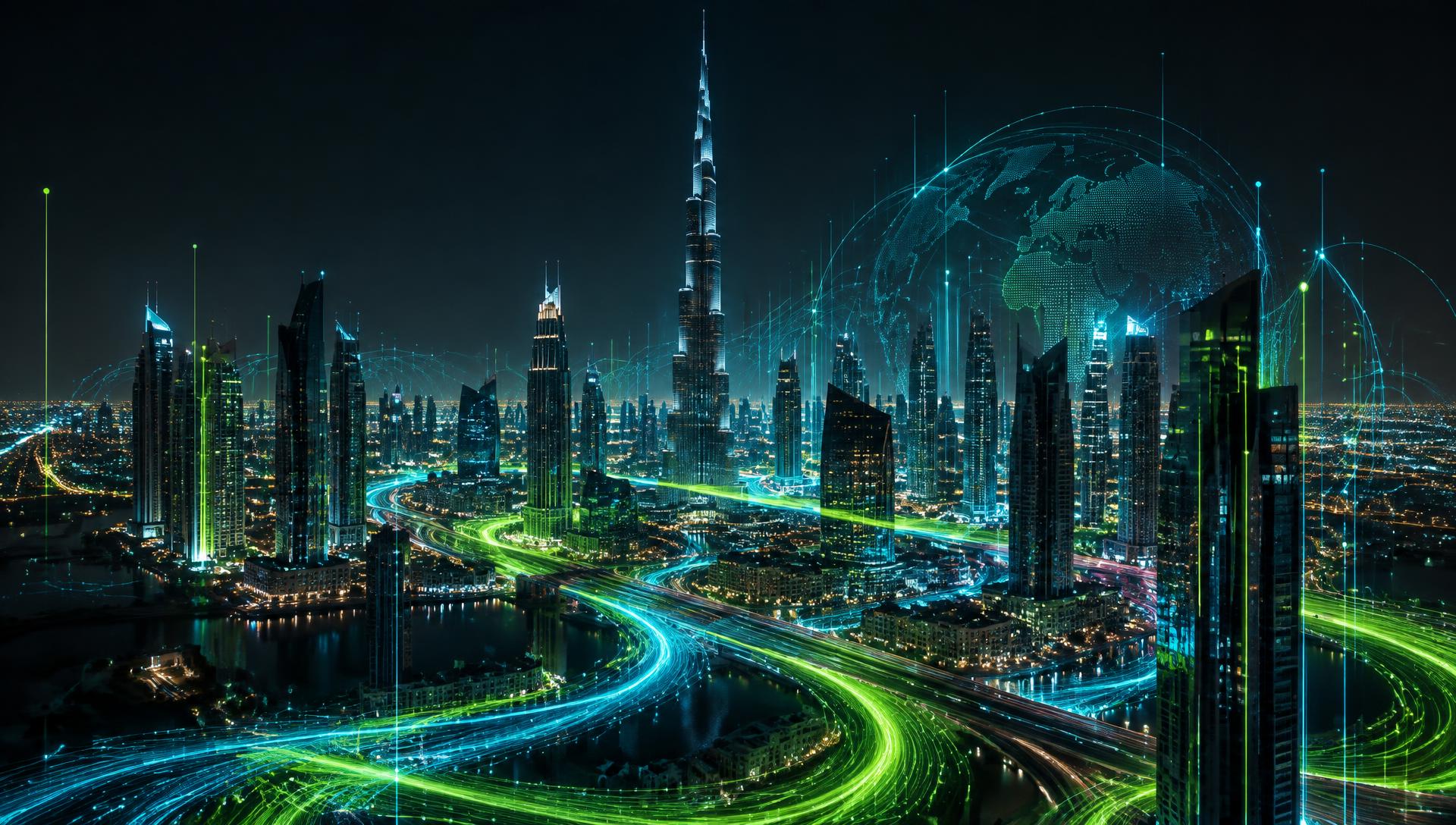 Dubai skyline with illuminated digital connections